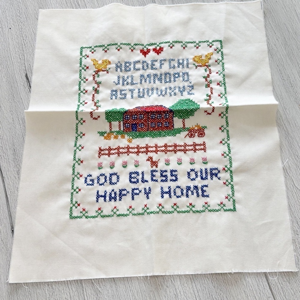 Vtg COUNTED CROSS STITCH Hand Made GOD BLESS OUR HAPPY HOME Finished 18” X 15”